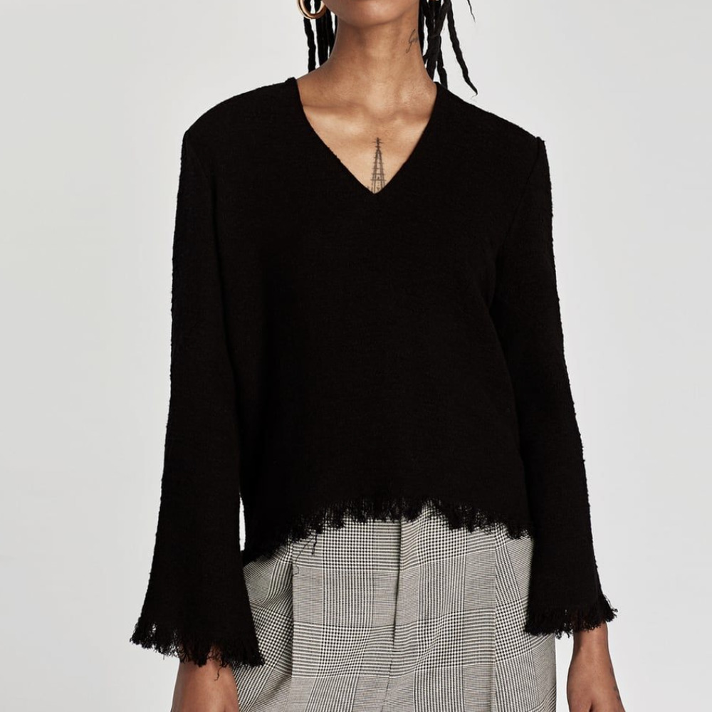 Zara Jacquard Bell Sleeve Blouse Top Frayed Hems